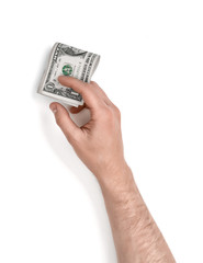 Close up view of a man's hand holding one dollar bills isolated on white background