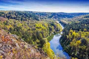 Autumn landscape. View of the Siberian river Berd, from the rock