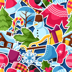 Seamless pattern with winter stickers. Merry Christmas, Happy New Year holiday items and symbols
