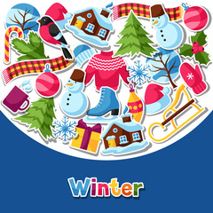 Background with winter stickers. Merry Christmas, Happy New Year holiday items and symbols
