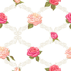 Seamless pattern with vintage roses. Decorative retro flowers. Easy to use for backdrop, textile, wrapping paper, wallpaper