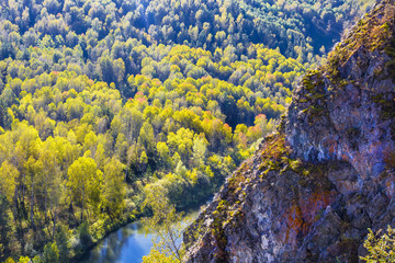 Naklejka na ściany i meble Autumn landscape. View of the Siberian river Berd, from the rock