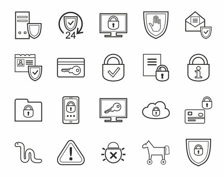 Information protecInformation technology, data security systemtion, contour icons, monochrome. Information technology, data security system. Vector, black, contour icons on white background. 
