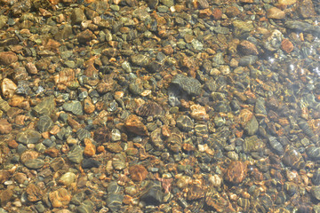 Background of river pebbles under the clear water.
