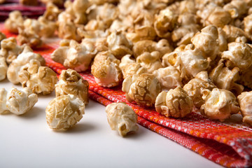 caramel popcorn on a napkin close up