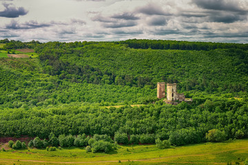 Spring view of Chervonohorod Castle ruins