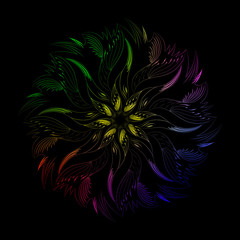 Circular abstract rainbow color ornament on black for design