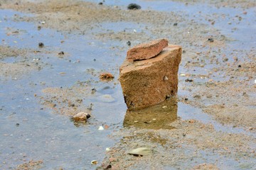 Pierre de granit sur la sable à marée basse à Trégastel en Bretagne
