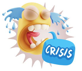 3d Illustration Sad Character Emoji Expression saying Crisis wit
