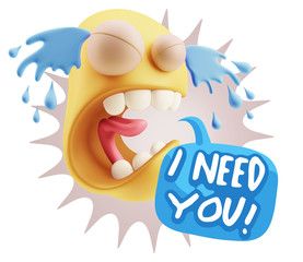 3d Illustration Sad Character Emoji Expression saying I Need you