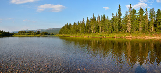 Panorama of the taiga river in the national Park.
