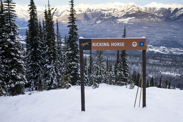 Kicking Horse direction sign with mountains in the background, K