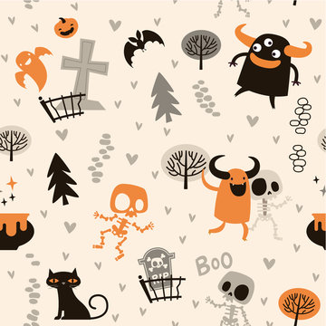 Halloween theme pattern, Cute skeletons and monsters in a forest. Mexican day of the dead theme. Flat Vector illustration