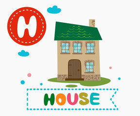 Hand drawn letter H and funny cute house