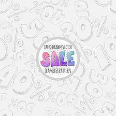 Hand drawn sketch style sale seamless pattern. Variable discounts. Doodles vector pattern.