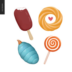 Patches, hand drawn vector stickers set. A set of four cartoon hand drawn elements. Ice cream, doughnut with a heart, striped lolly-pop and a fancy blue fruit.