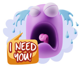 3d Illustration Sad Character Emoji Expression saying I Need you