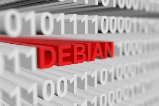 DEBIAN as a binary code with blurred background 3D illustration