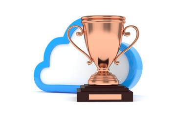 Isoalted bronze cup with cloud on white background. Blue contour cloud. Concept of cloud storage competition. Leader cloud drive. Best storage contest. 3D rendering.