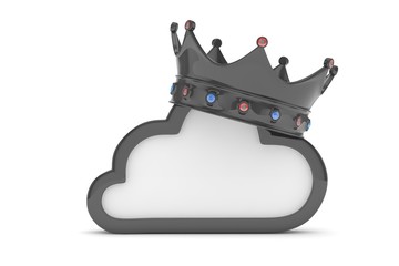 Isolated black cloud icon with crown and gems on white background. Symbol of communication, network and technology. Broadband. Online database. 3D rendering.