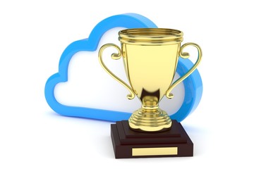 Isoalted golden cup with cloud on white background. Blue contour cloud. Concept of cloud storage competition. Leader cloud drive. Best storage contest. 3D rendering.