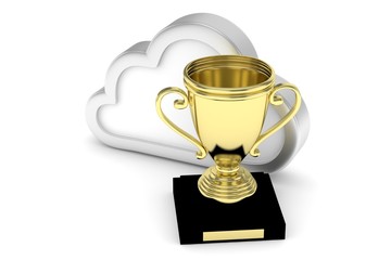 Isoalted golden cup with cloud on white background. Concept of cloud storage competition. Leader cloud drive. Best storage contest. 3D rendering.