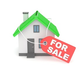 Model of house with label for sale on white background. Concept of real estate sale. 3D rendering.