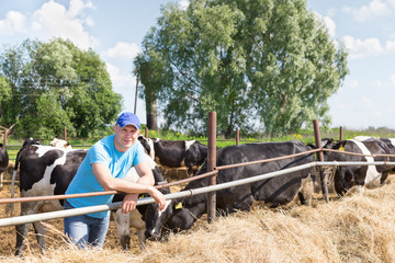 Obraz premium Farmer is working on farm with dairy cows