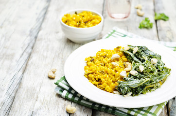 Turmeric rice with coconut Kale and cashew