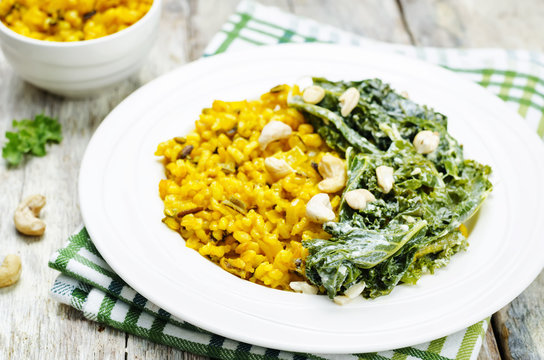 Turmeric rice with coconut Kale and cashew