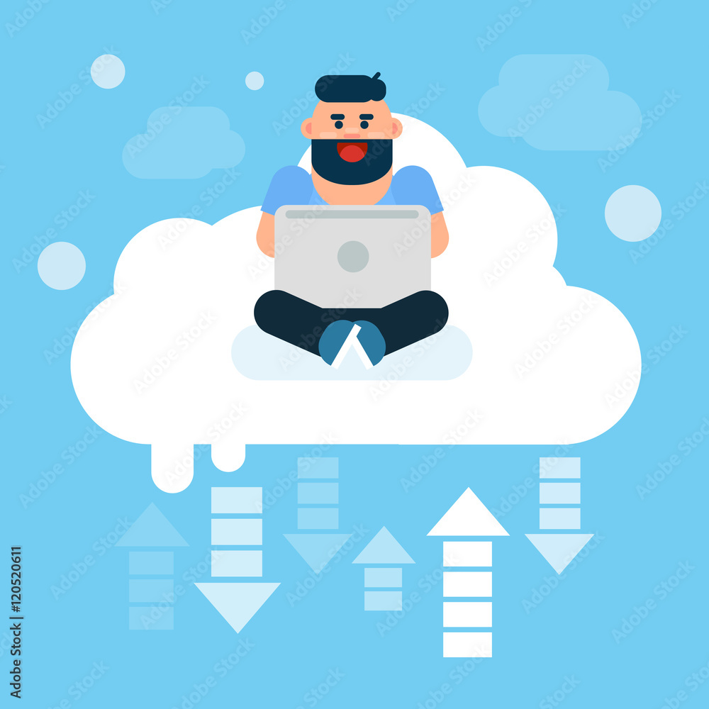 Aufkleber man sitting on clouds use laptop computer, cloud technology online internet data