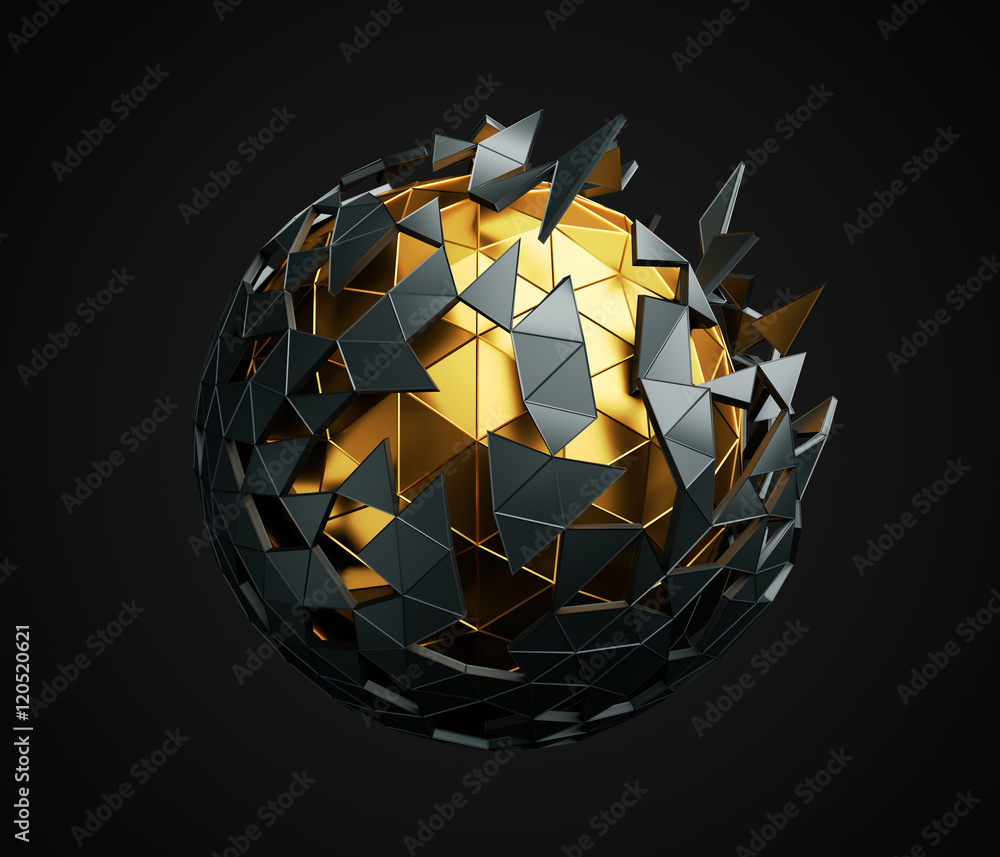 Poster abstract 3d rendering of low poly sphere with chaotic structure. sci-fi background with polygonal sh