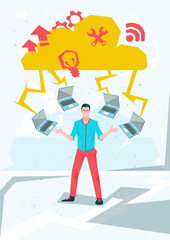 Casual Business Man With Laptop Computers Cloud Database Technology