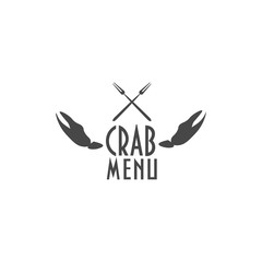 Vintage label with crab claws and two crab forks designed to use as seafood restaurant menu element, crab festival menu element, crab menu icon on your seafood site.