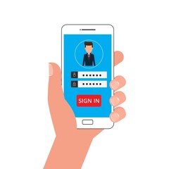 Hand holding smartphone. Sign in page on smartphone screen. Mobile phone with password login security protection. Mobile account. Cartoon Vector Illustration.