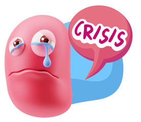 3d Illustration Sad Character Emoji Expression saying Crisis wit