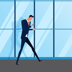 Smartphone addiction. Attractive young businessman using smartphone walking in front of a modern office building. Cartoon Vector Illustration.