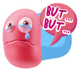 3d Illustration Sad Character Emoji Expression saying But… wit