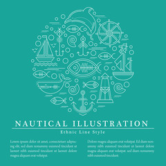Fototapeta premium Vector illustration with outlined nautical icons forming a circle