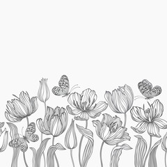 Panele Szklane Podświetlane  bezszwowa granica kwiatowa z tulipanami i motylami