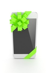 White phone with green bow. 3D rendering.