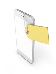 White smart phone with golden price tag on white background. Identification, price, label. Luxury and expensive offer. 3D rendering.