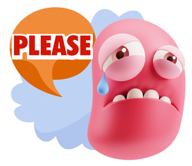 3d Illustration Sad Character Emoji Expression saying Please wit