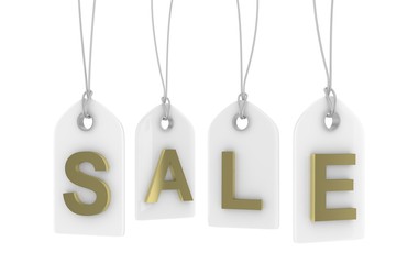 Colorful isolated sale labels on white background. Price tags. Special offer and promotion. Store discount. Shopping time. Golden letters on white labels. 3D rendering.