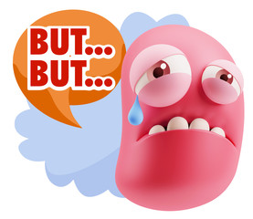 3d Illustration Sad Character Emoji Expression saying But… wit