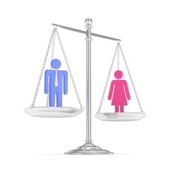 Isolated old fashioned pan scale with man and woman on white background. Gender inequality. Equality of sexes. Law issues. Colorful model. 3D rendering.