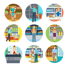 Fototapeta premium People In Supermarket Icons