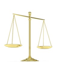 Isolated golden scales on white background. Symbol of judgement. Law, measurement, liberty in one concept. 3D rendering.