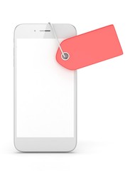 White smart phone with red price tag on white background. Identification, price, label. 3D rendering.
