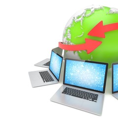 Laptop network around earth globe. 3d rendering.